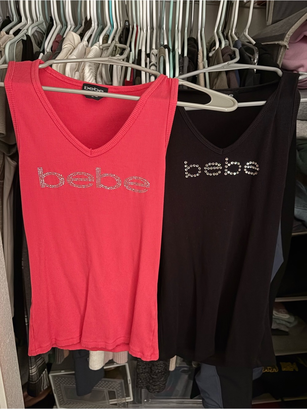 bebe Ribbed V-Neck Tank Top with Crystal Logo - Coral Pink and Black BUNDLE